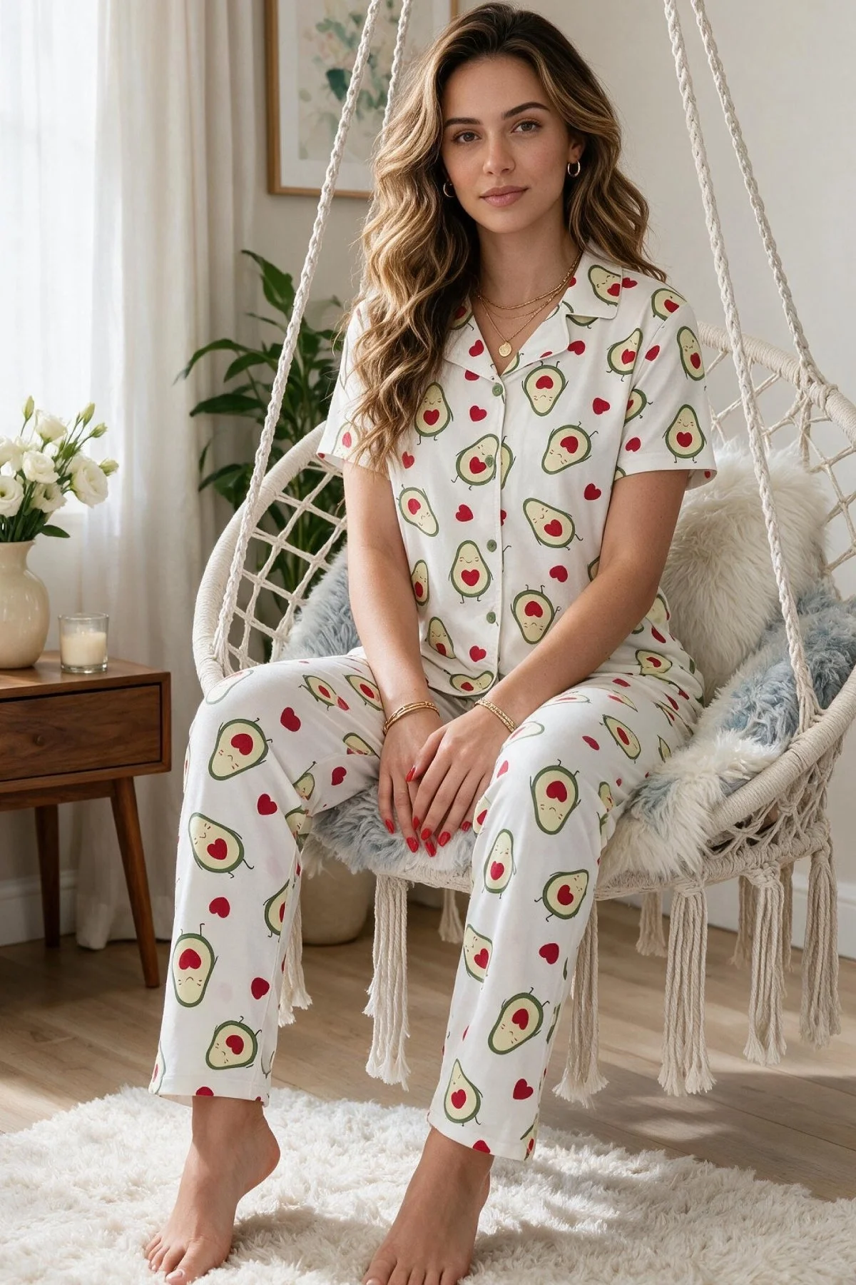 Avokado Desenli Kısa Kollu Gömlek Yaka Milan Kumaş Kadın Pijama Takımı görsel 3