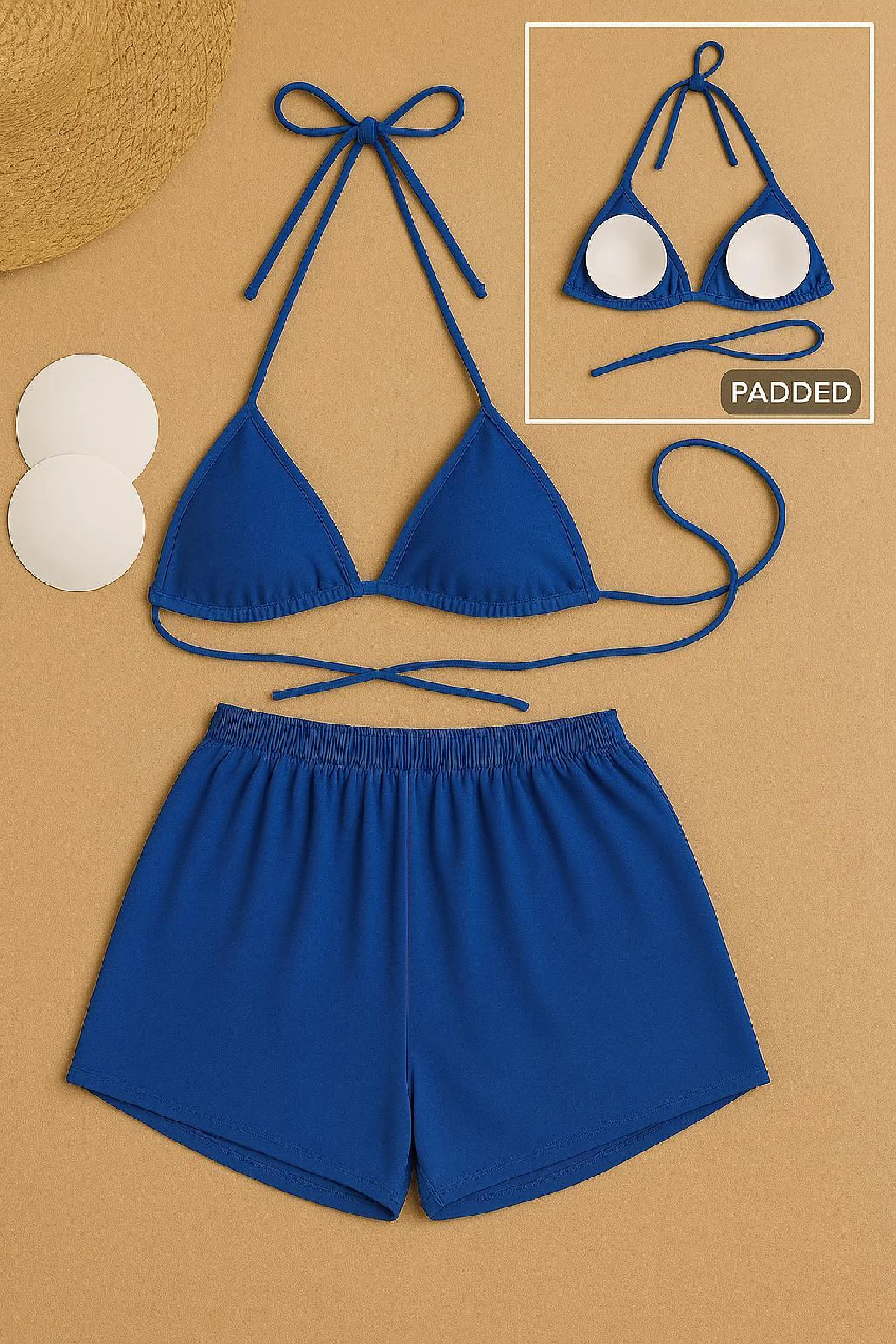 Kadın Mavi Şortlu Belden ve Boyundan Bağlamalı Bikini Takımı görsel 3