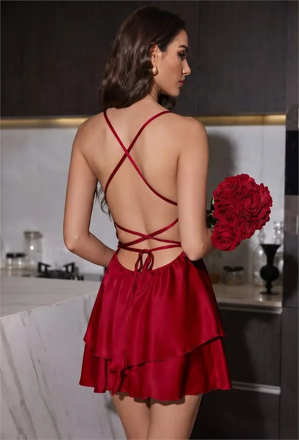 Bordo Degaje Yaka İnce Askılı Kloş Parlak Saten Mini Gecelik ve Sabahlık Takımı – 2'li Çeyiz Seti görsel 3