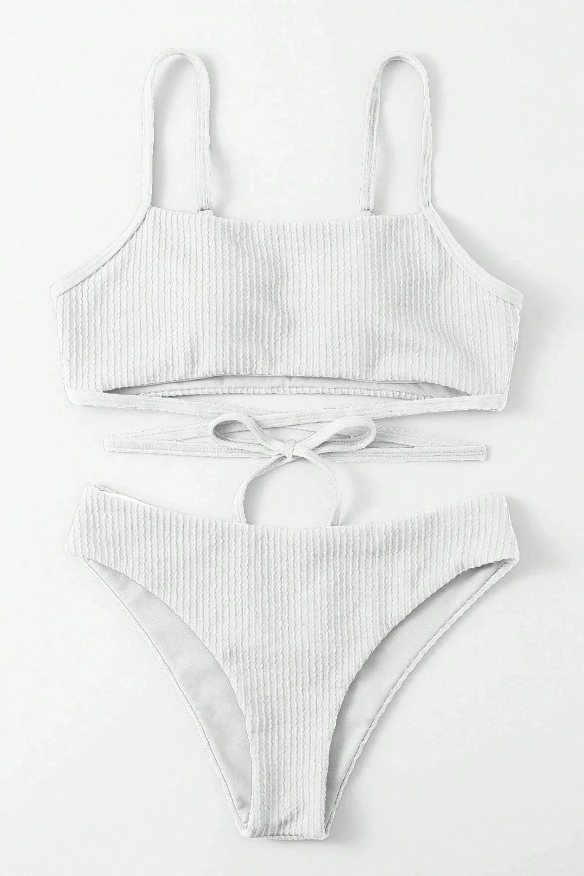 Kadın Beyaz Çapraz Bağlama Detaylı Yüksek Bel Bikini Takımı görsel 3