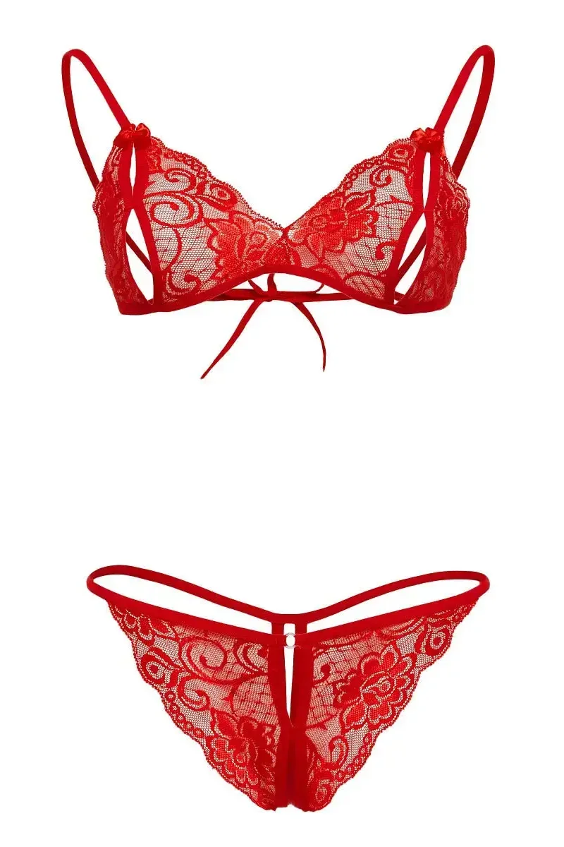 Kırmızı Dantelli Sütyen ve G-String Takım TM2048 görsel 3