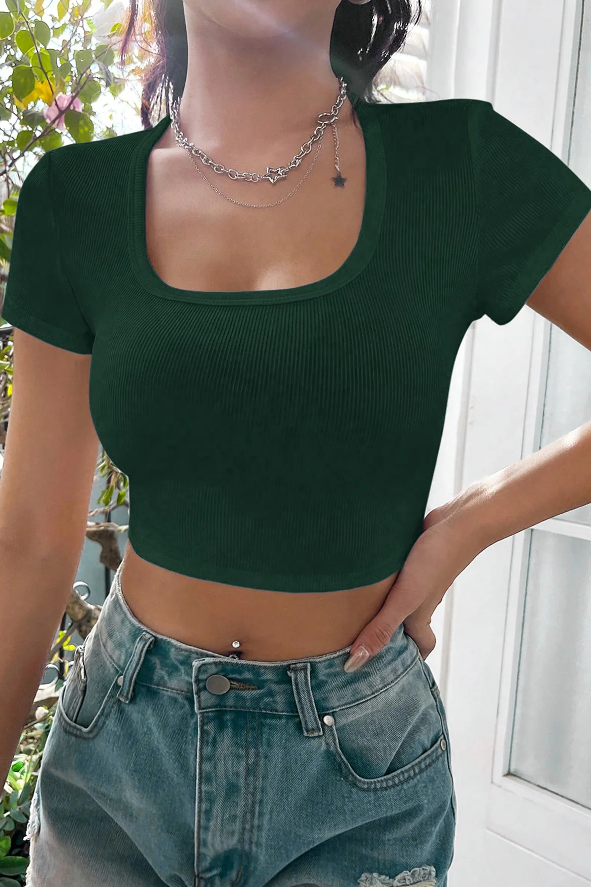Kadın Yeşil Yarım Kol Düz Yaka Crop Top Bluz görsel 3