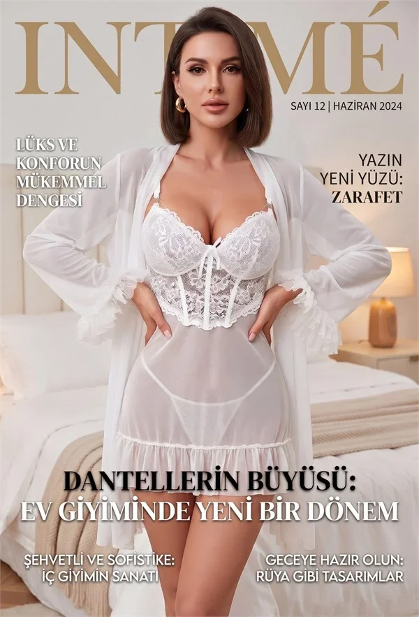 Beyaz Çiçek Dantelli Korse Detaylı Eteği ve Kolları Fırfırlı Tül Sabahlıklı Babydoll Gecelik Takımı – 2'li Çeyiz Seti görsel 3