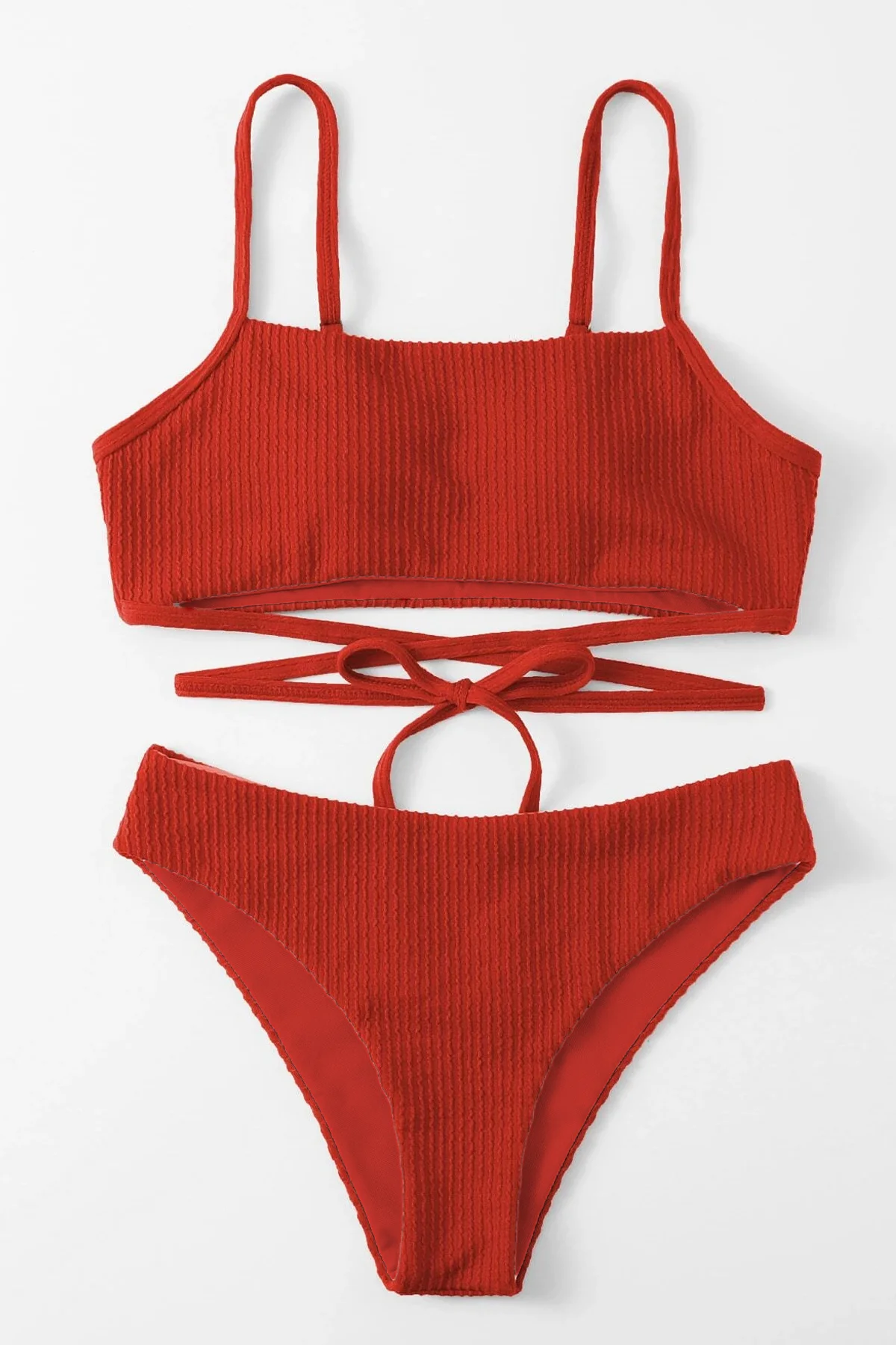 Kadın Kırmızı Çapraz Bağlama Detaylı Yüksek Bel Bikini Takımı görsel 6