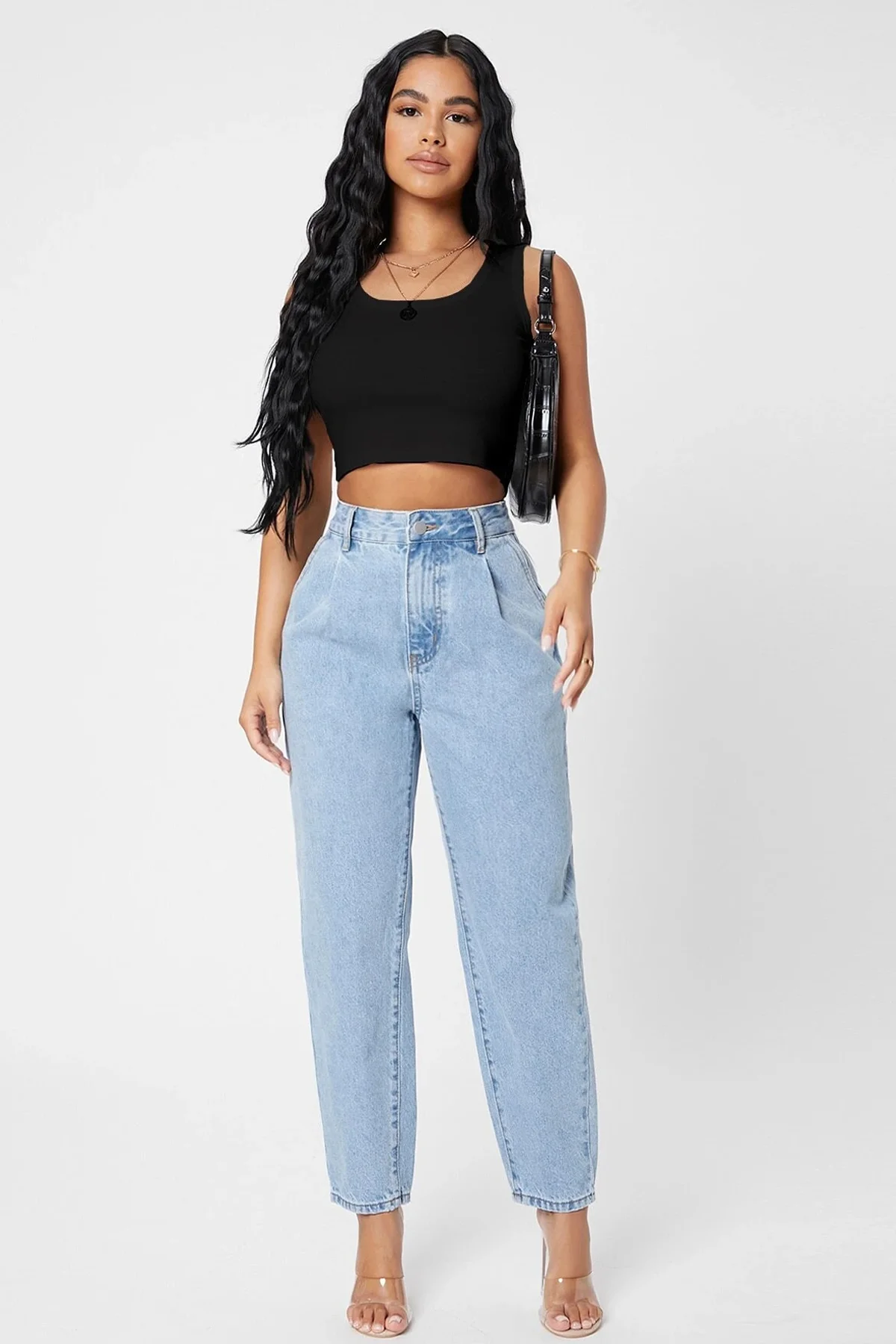 Kadın Siyah Kare Yaka Crop Top Bluz görsel 4