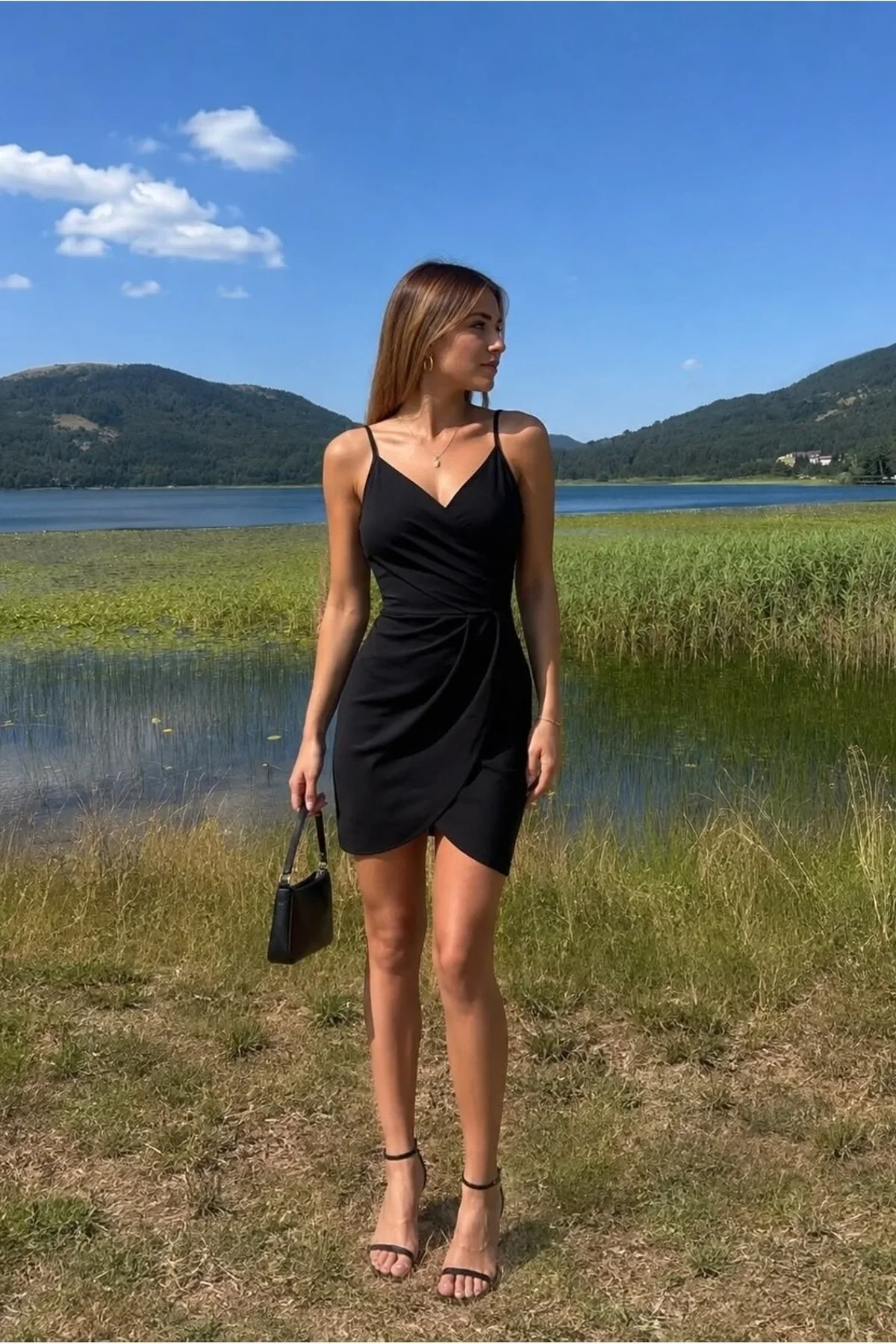 Kadın Kruvaze Yaka Drapeli Mini Askılı Elbise görsel 5