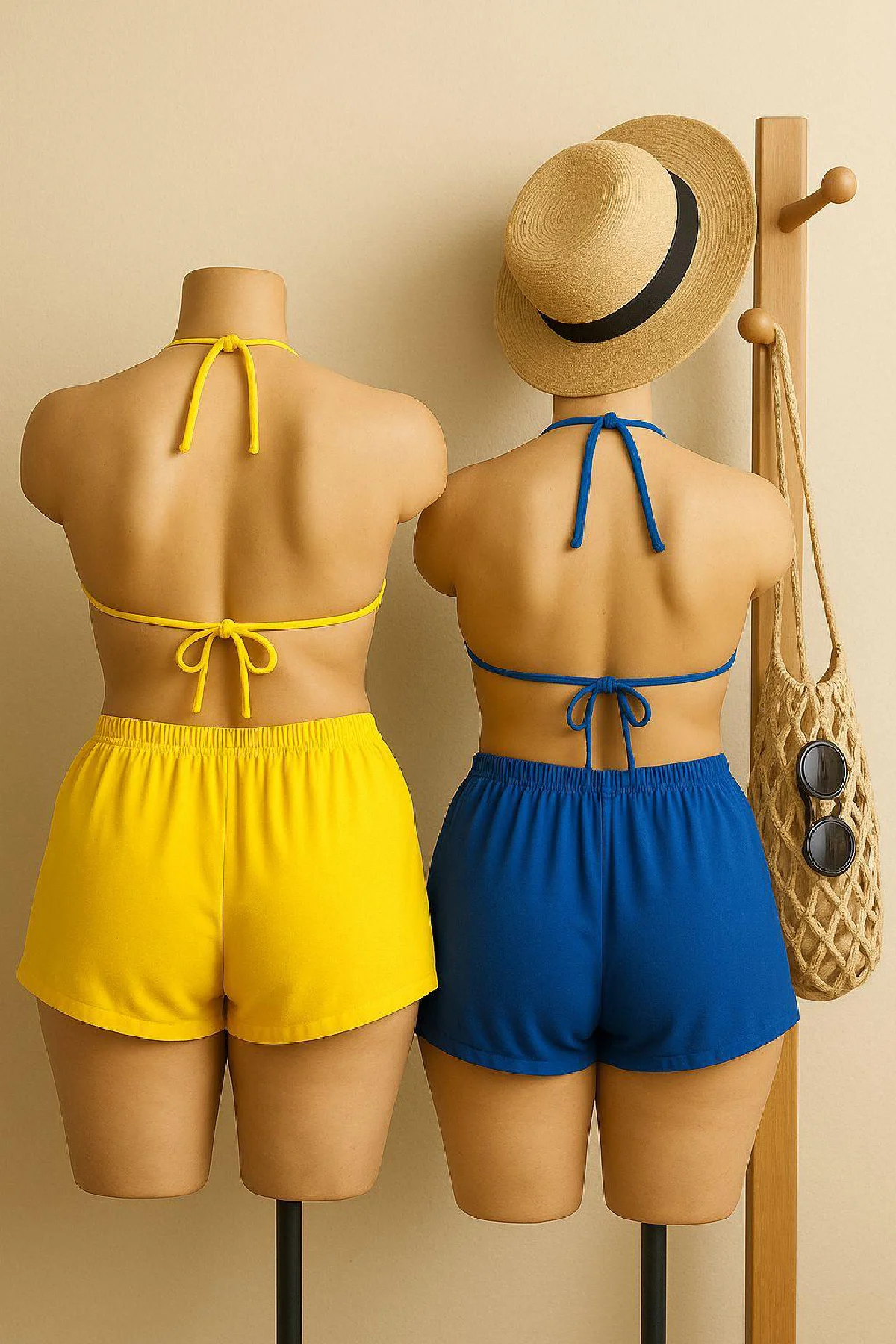 Kadın Sarı ve Mavi Şortlu Belden ve Boyundan Bağlamalı Bikini Takımı görsel 2