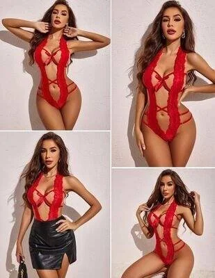 Kadın Kırmızı Dantelli Derin Dekolteli Babydoll görsel 3