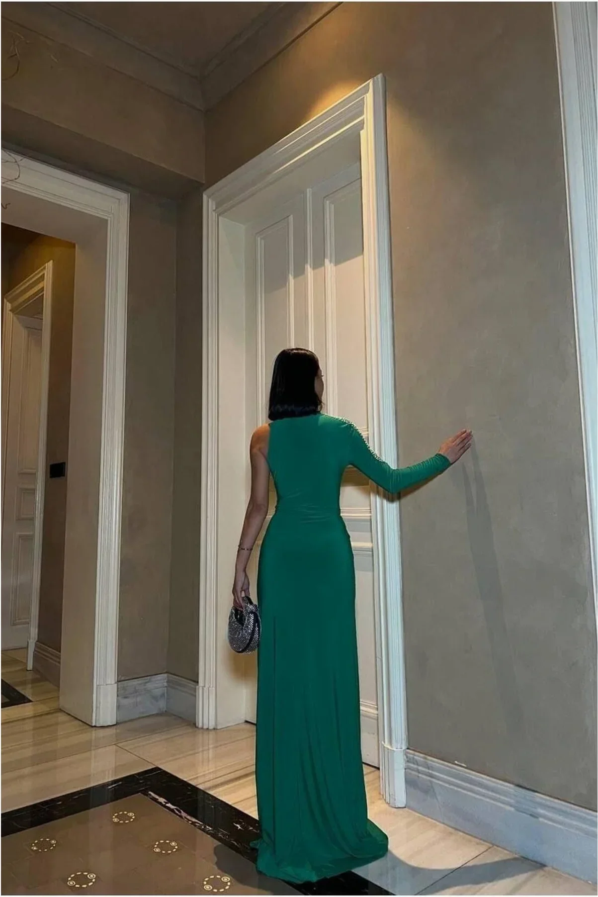 Kadın Yeni Sezon Bisiklet Yaka Tek Kollu Abiye Elbise görsel 4