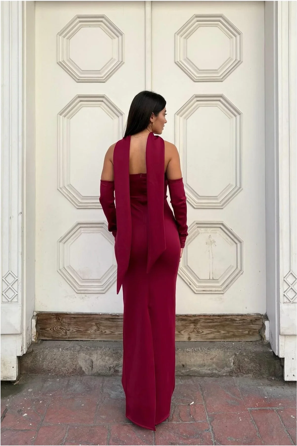 Kadın Modern Stil Scuba Esnek Kumaş Straplez Balık Kesim Abiye Elbise görsel 4