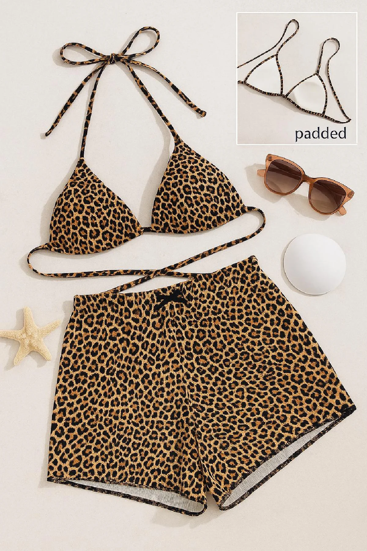Kadın Leopar Desenli Şortlu Belden ve Boyundan Bağlamalı Bikini Takımı görsel 2