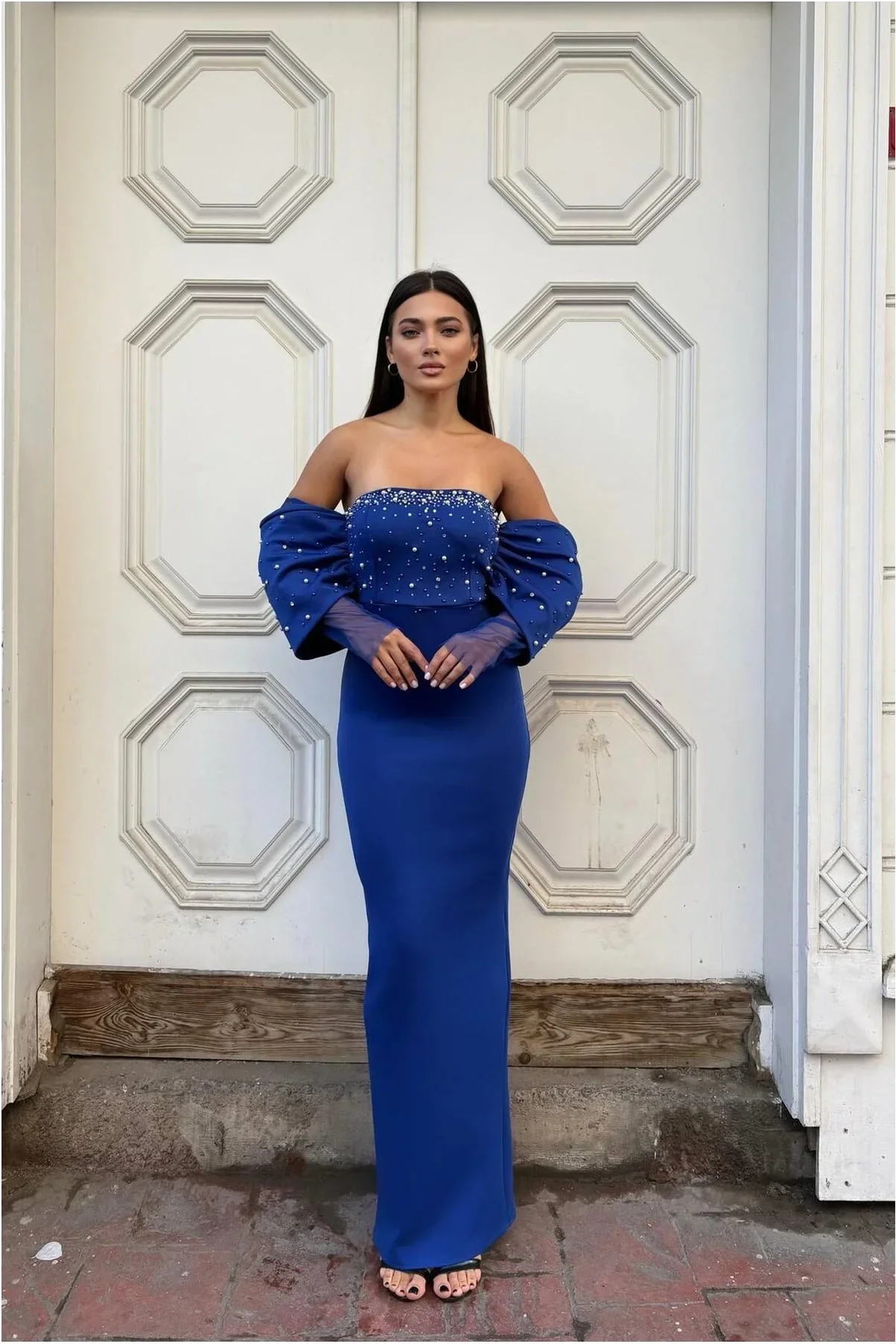 Kadın Trend Model Esnek Tül Kumaş Straplez Abiye Elbise