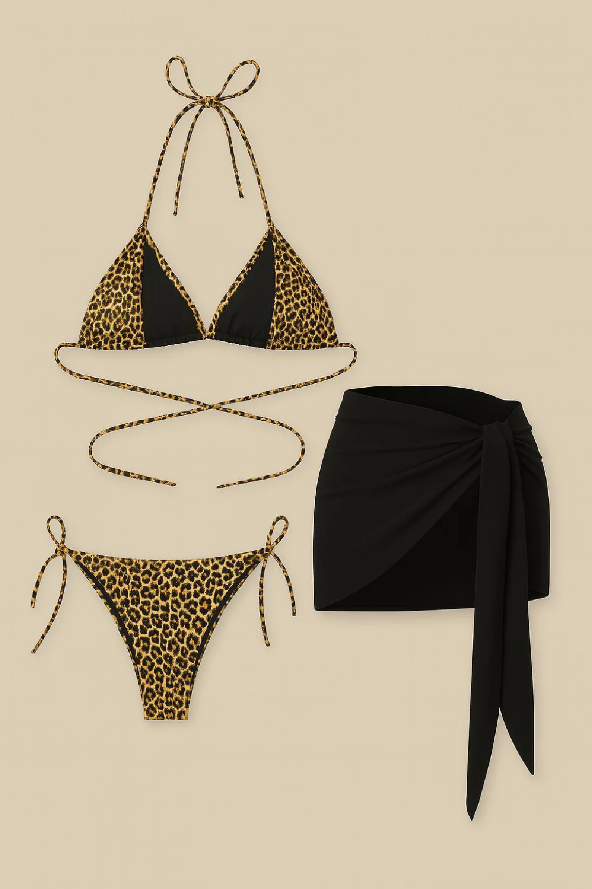 Kadın Siyah ve Leopar Desenli Pareolu 3'lü Bikini Takımı görsel 6