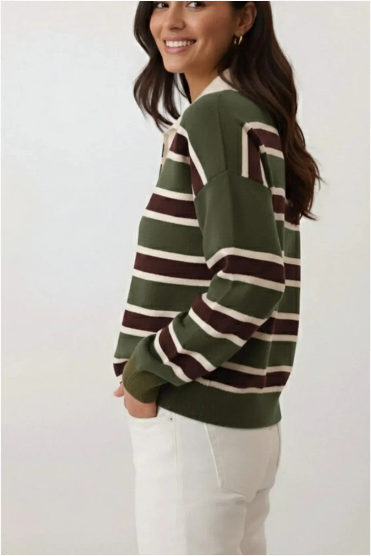Kadın Şık Polo Yaka Çizgili Oversize Triko Kolej Stil Yumuşak Dokulu Kazak görsel 4