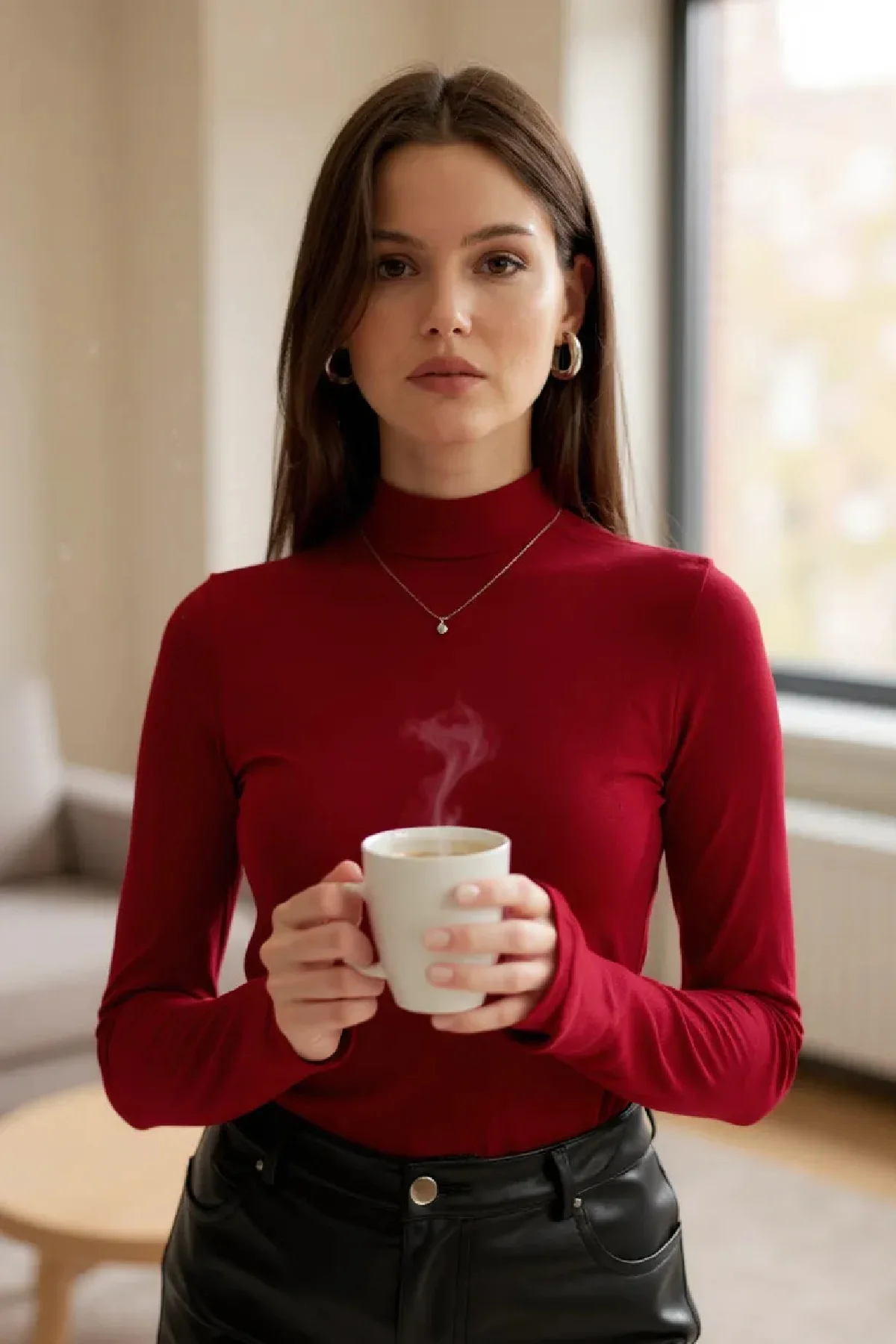 Kadın Bordo Parmak Detaylı Esnek Uzun Kollu Body