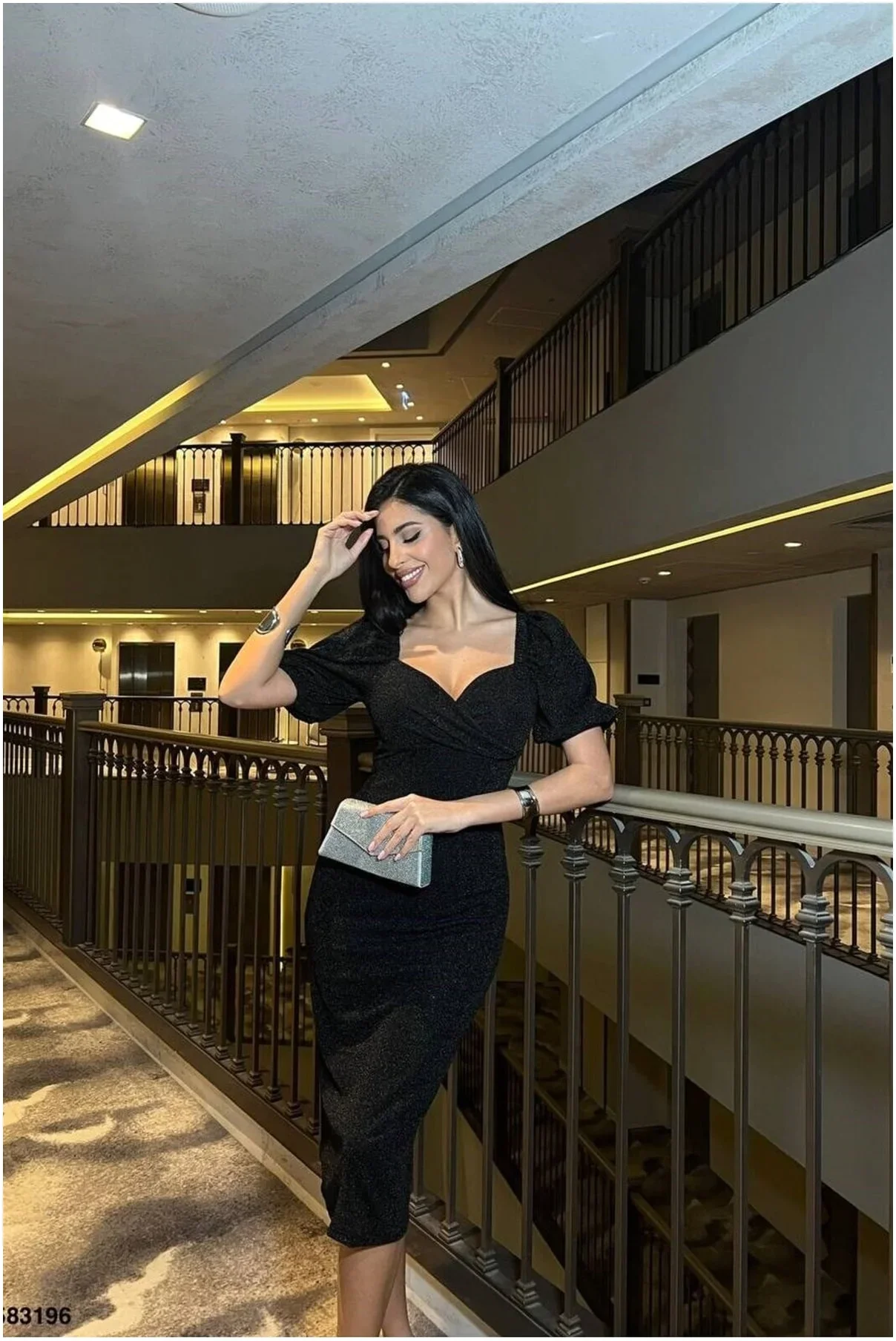 Kadın Şık Model Kalp Yaka Midi Balon Kollu Abiye Elbise görsel 2