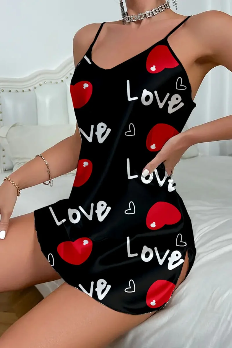 Love Desenli Siyah Saten Gecelik görsel 3