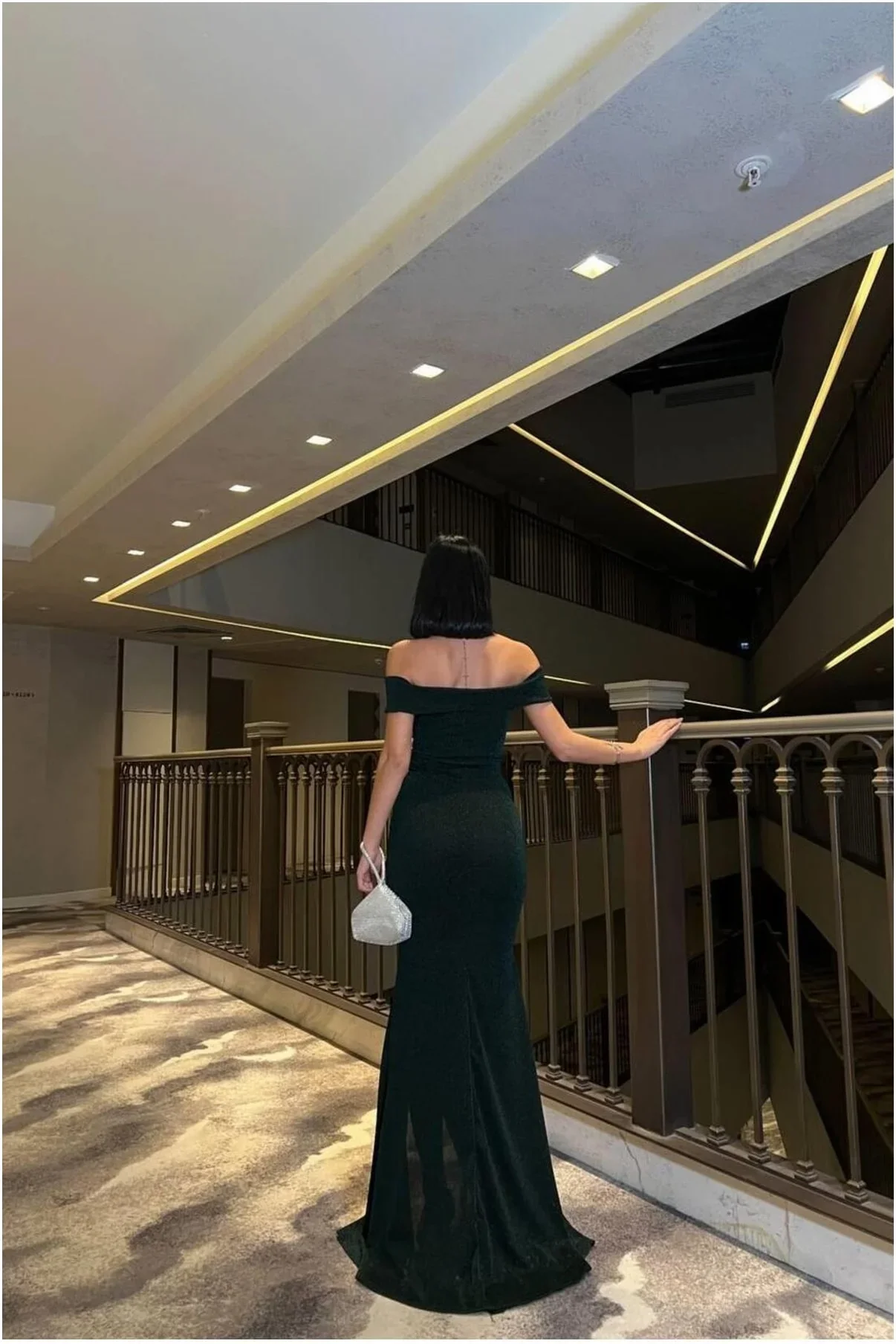 Kadın Bohem Kayık Yaka Balık Kesim Abiye Elbise görsel 4