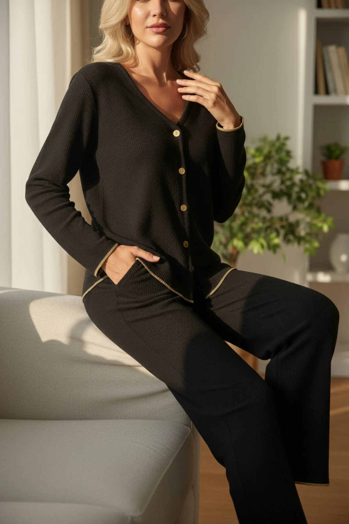 Premium Kadın Fitilli Pijama Takımı – Siyah Gold Biye Detaylı, Yumuşak Dokulu Ev Şıklığı görsel 3