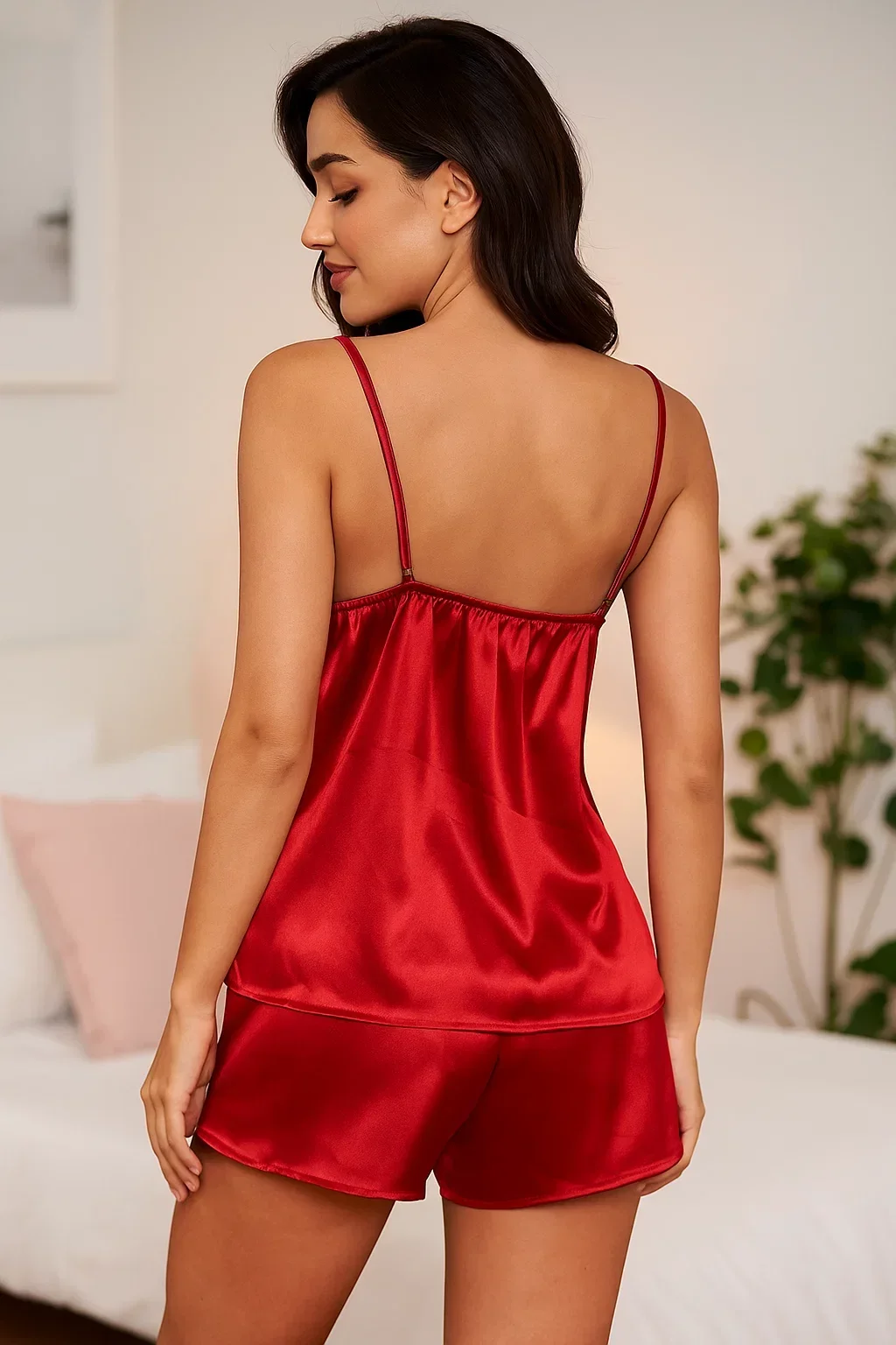 Kadın Kırmızı Dantel Detaylı Saten İkili Pijama Takımı görsel 2