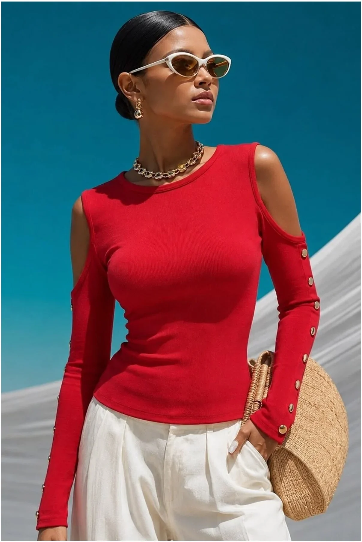 Sandy Yaka Bluz Bisiklet Kumaş Kollu Uzun