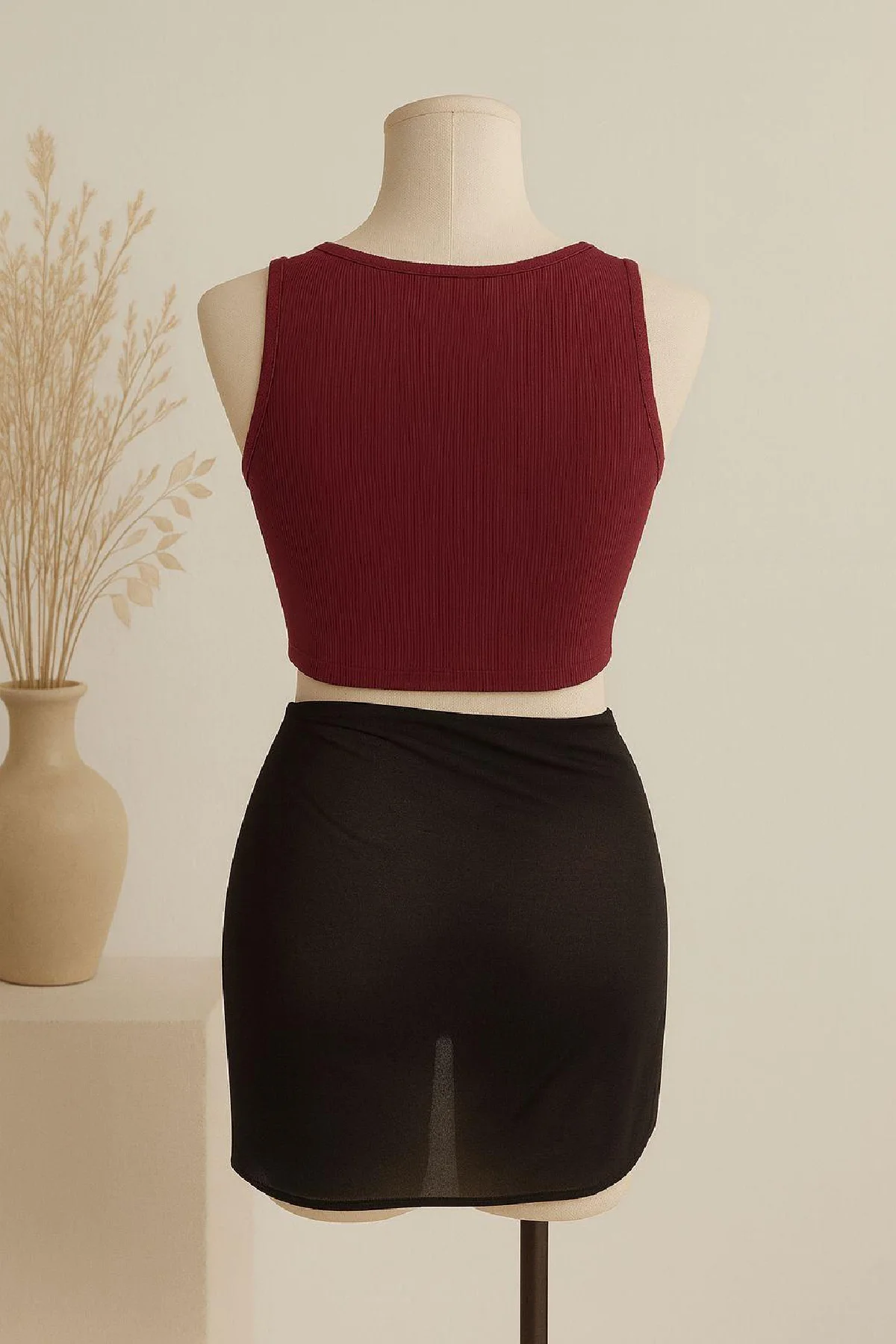 Kadın Bordo Yuvarlak Yaka Crop ve Siyah Pareo 2'li Set görsel 2