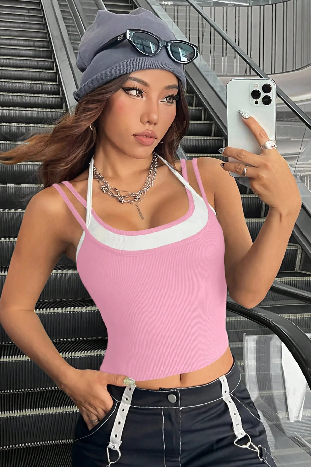 Kadın Pembe Beyaz Çift Renk Çapraz Askılı Crop Top Bluz görsel 5