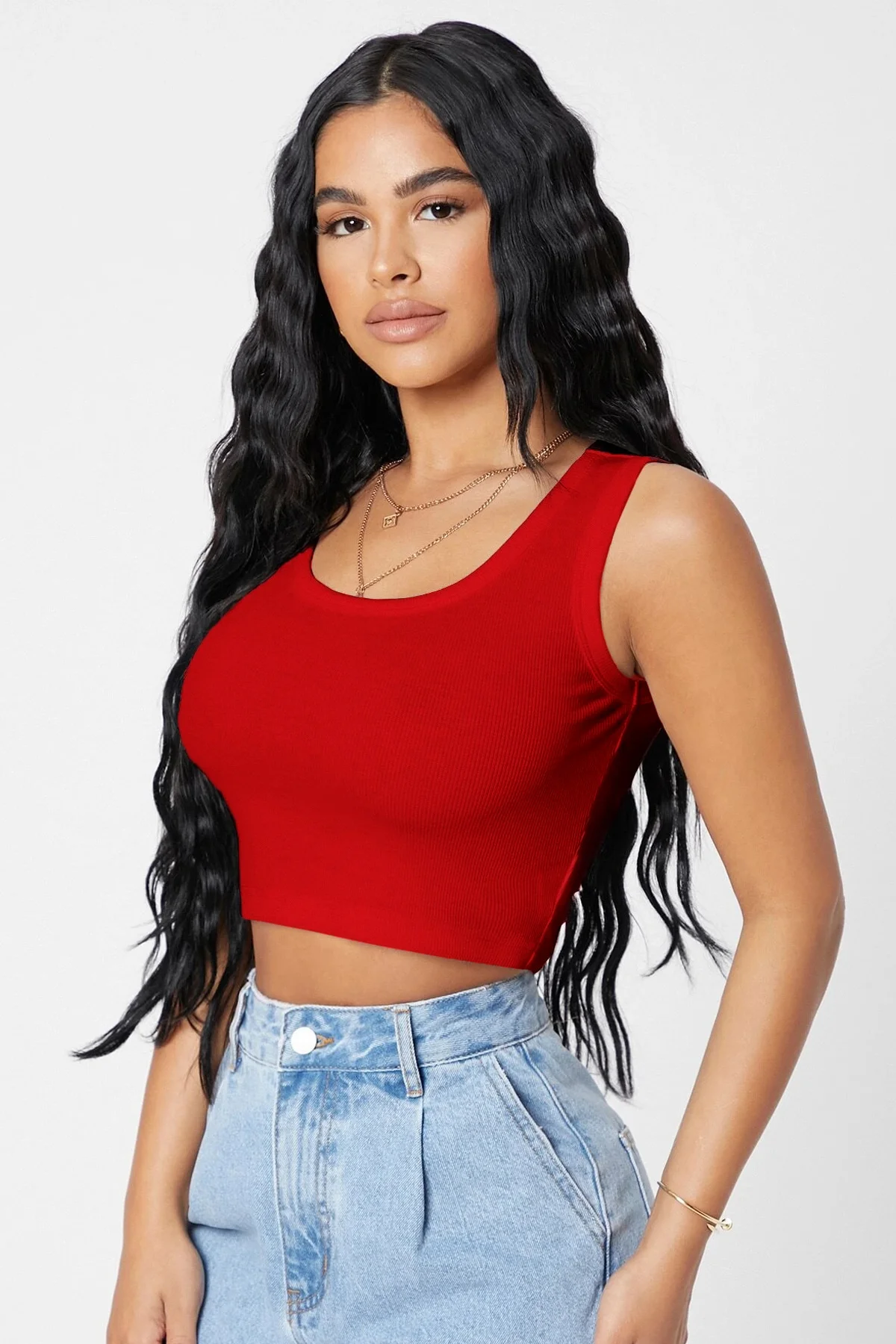Kadın Kırmızı Kare Yaka Crop Top Bluz görsel 5