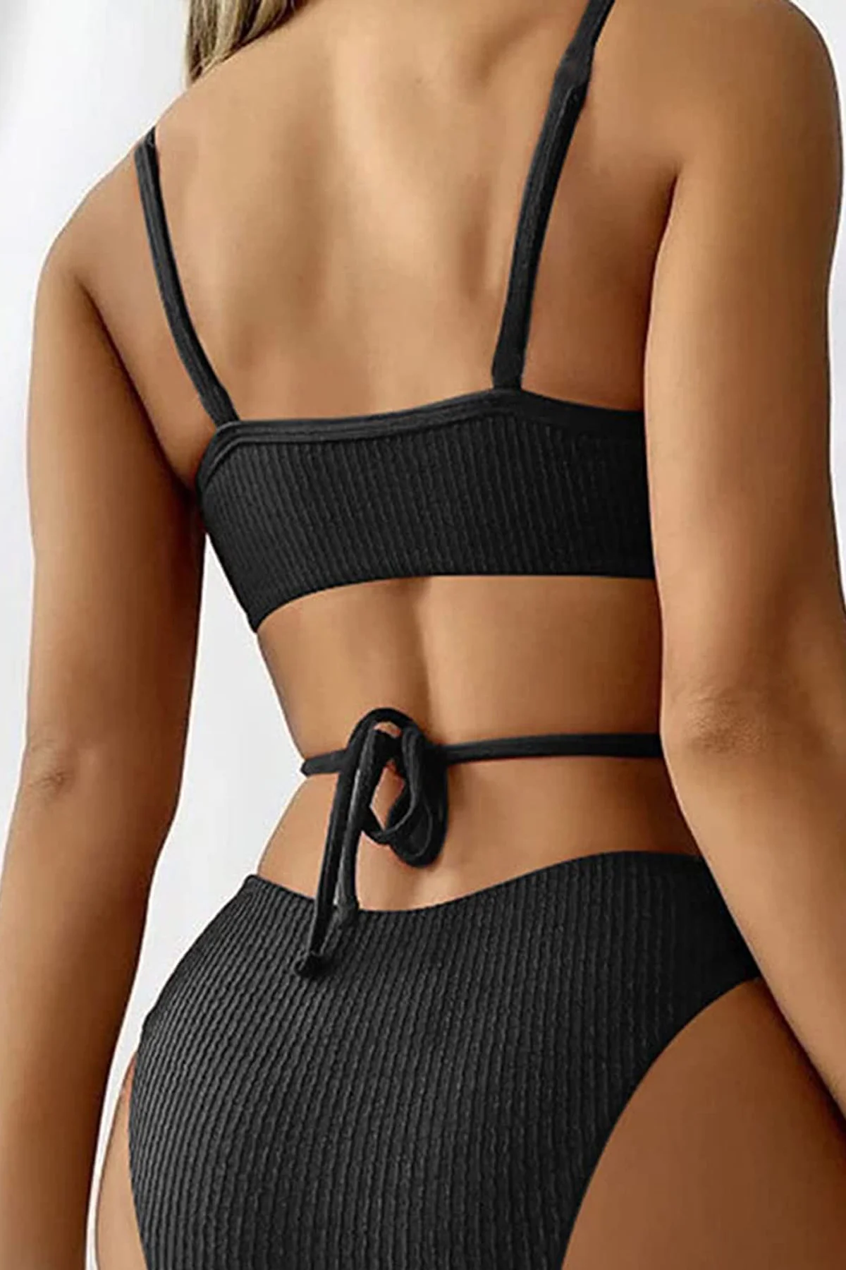 Kadın Siyah Çapraz Bağlama Detaylı Yüksek Bel Bikini Takımı görsel 3