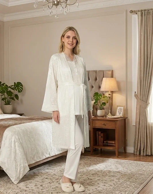 Bone 6201 Kadın Jakar Saten Sabahlıklı Lohusa Pijama Takımı