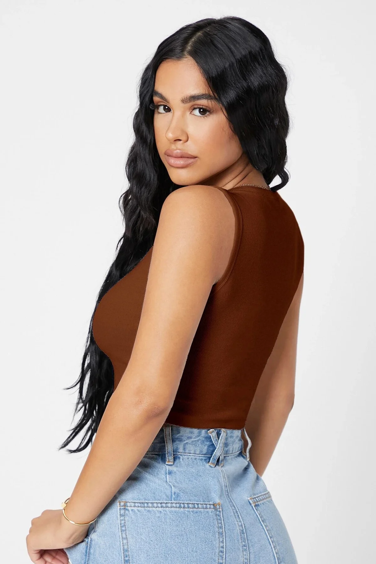 Kadın Kahverengi Kare Yaka Crop Top Bluz görsel 2