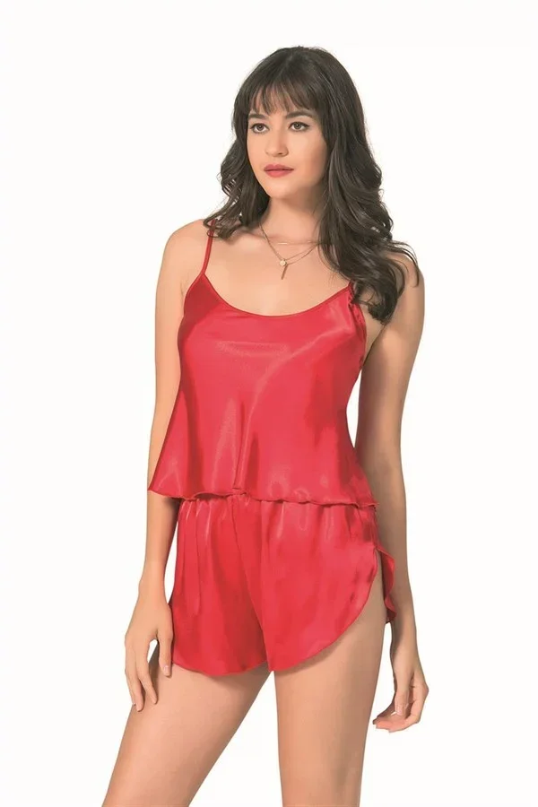 Şık Tasarım Yumuşak Dokulu Kırmızı Saten Babydoll Şort Takımı