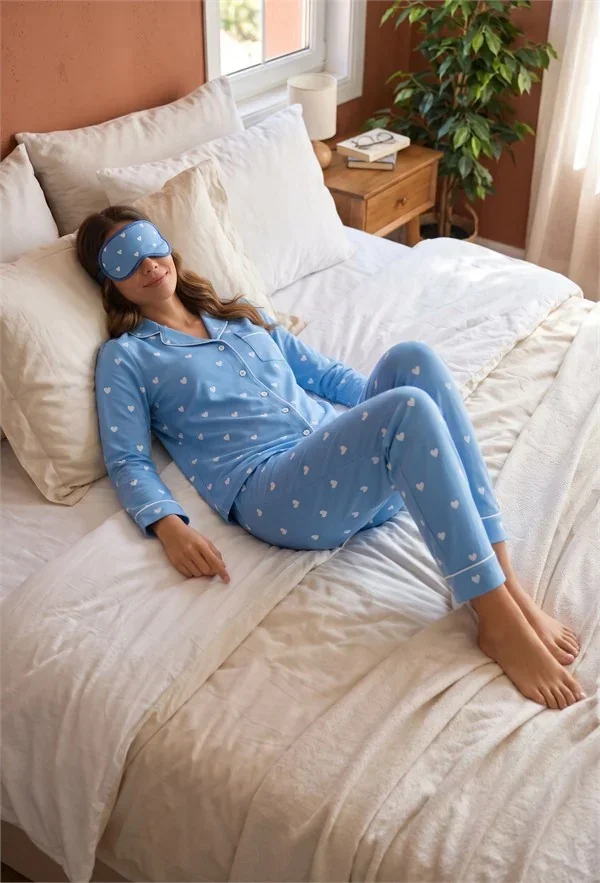 Pamuklu Yumuşak Dokulu Mavi Üstüne Beyaz Kalp Desenli Biyeli Düğmeli Pijama Takımı (Uyku Gözlüğü Hediye) görsel 3