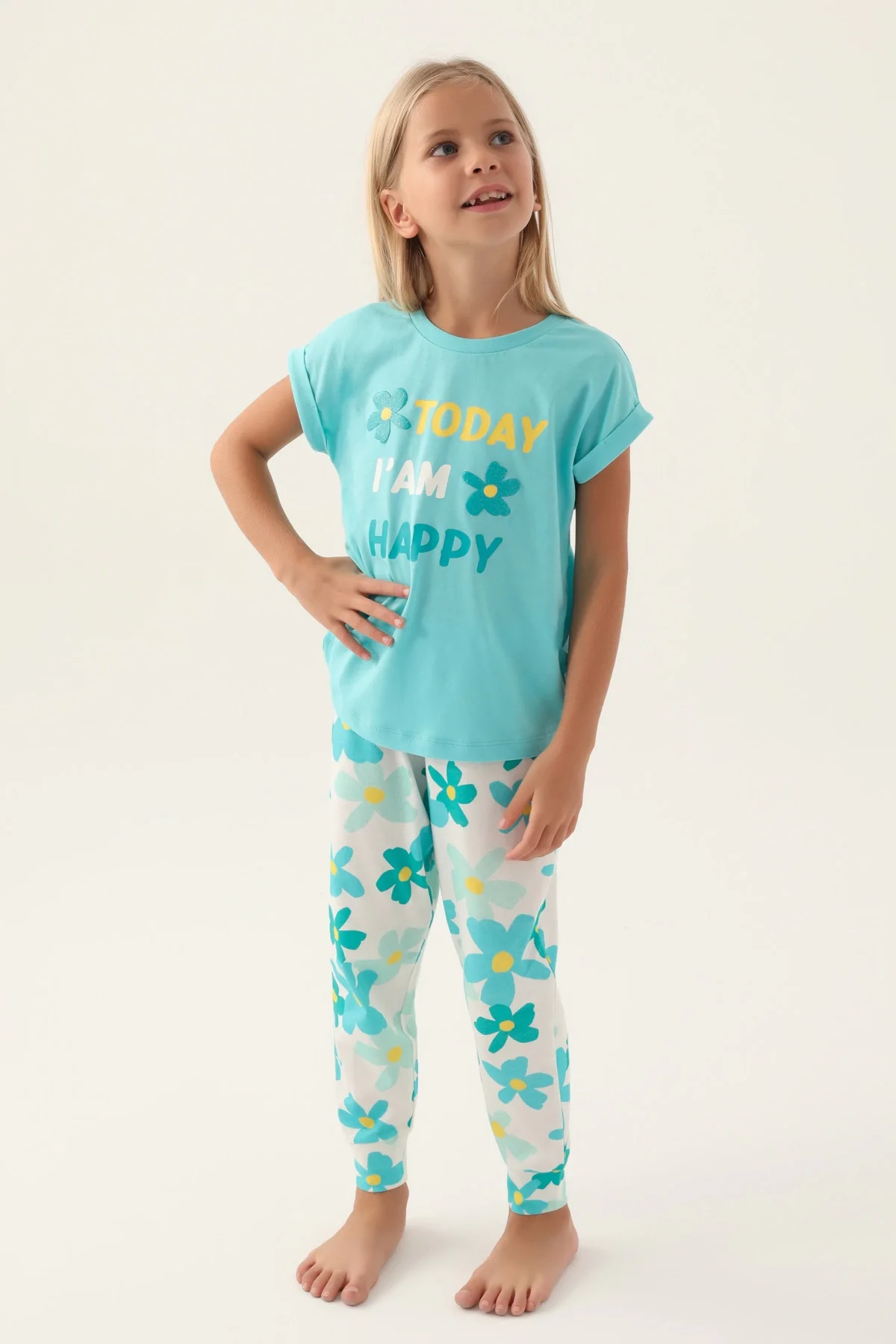 Roly Poly 3394-2 Kız Çocuk Çiçekli Kısa Kol Pijama Takım görsel 2