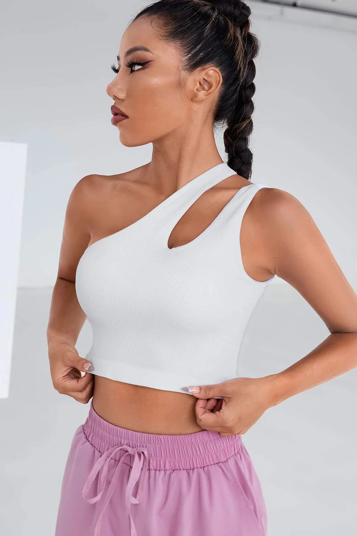 Kadın Beyaz Tek Omuz Cut Out Detaylı Crop Top Bluz görsel 5