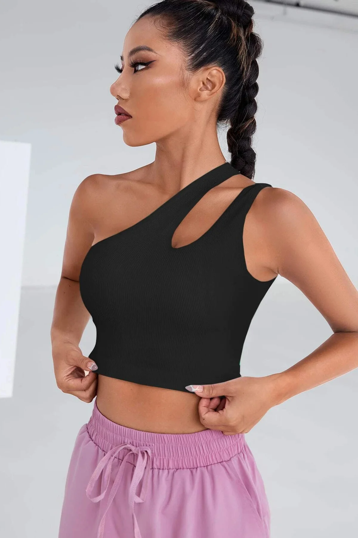 Kadın Siyah Tek Omuz Cut Out Detaylı Crop Top Bluz görsel 5