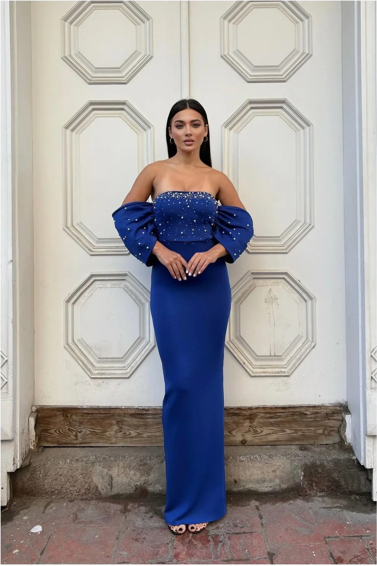 Kadın Trend Model Esnek Tül Kumaş Straplez Abiye Elbise görsel 3