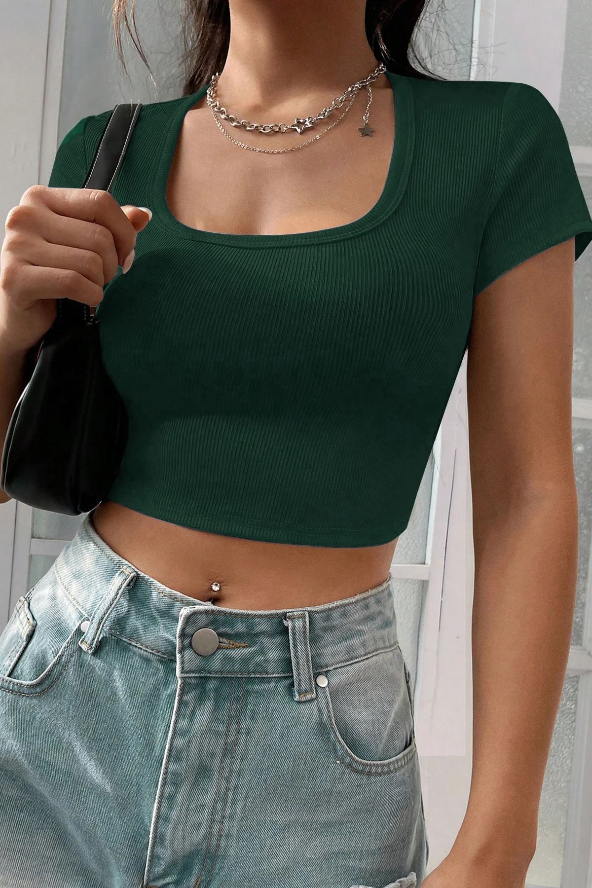Kadın Yeşil Yarım Kol Düz Yaka Crop Top Bluz görsel 6