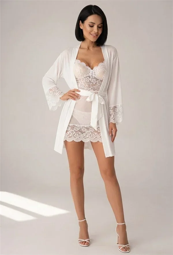 Beyaz Fransız Çiçek Dantelli Tül Kuşaklı Sabahlıklı Mini Babydoll Gecelik Takımı – 2'li Çeyiz Seti görsel 3