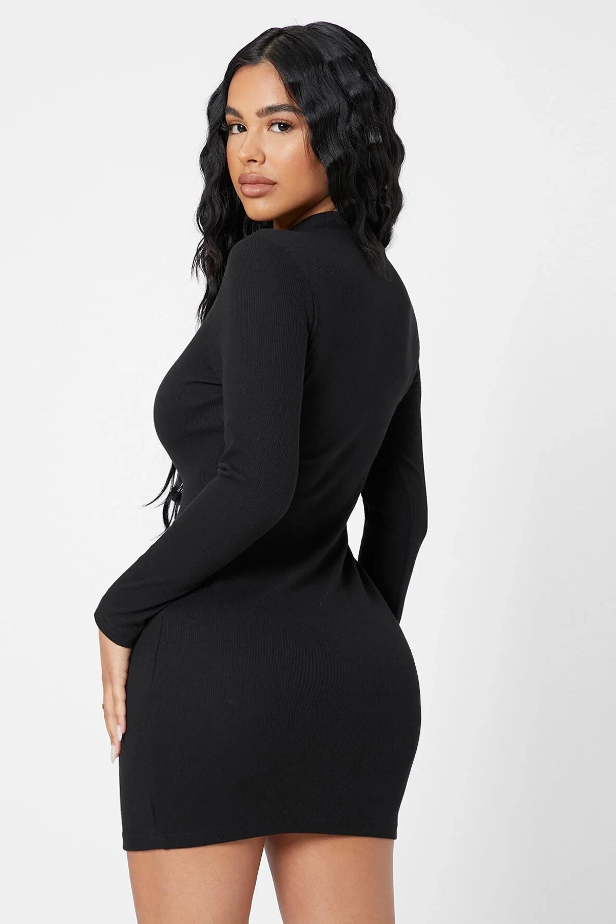 Kadın Siyah Kaşkorse Balıkçı Yaka Uzun Kollu Bodycon Mini Elbise görsel 2