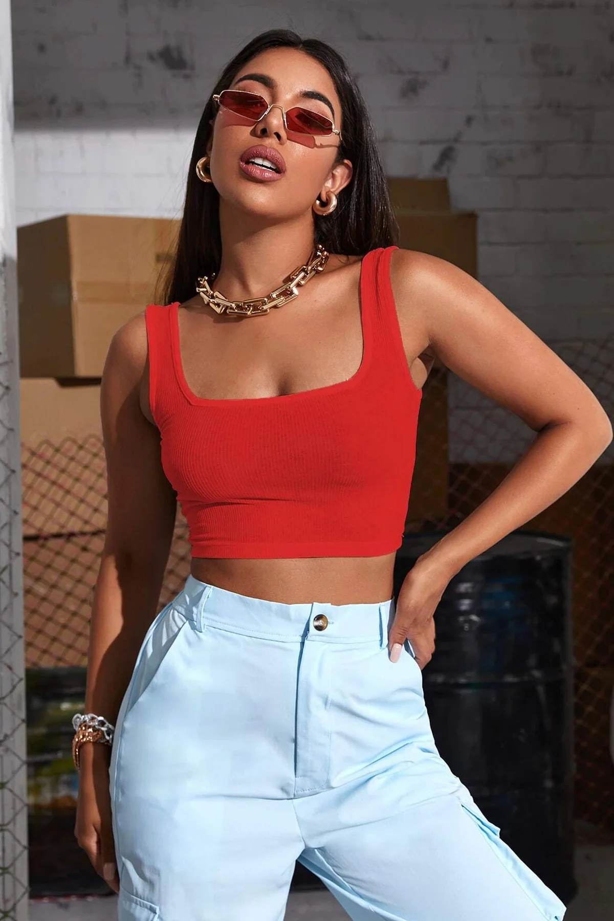 Kadın Kırmızı Kalın Askılı Crop Top Büstiyer görsel 4