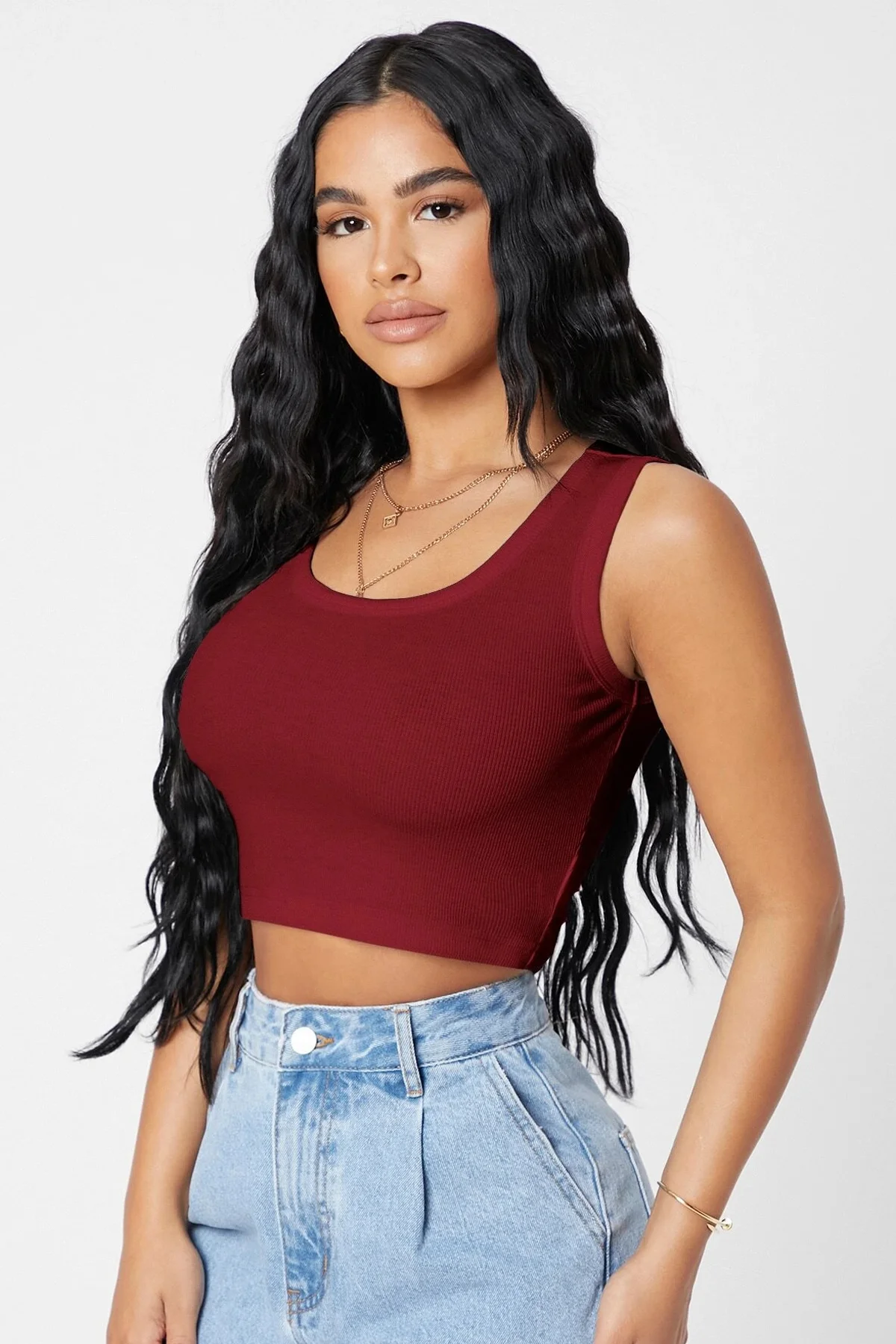 Kadın Bordo Kare Yaka Crop Top Bluz görsel 5