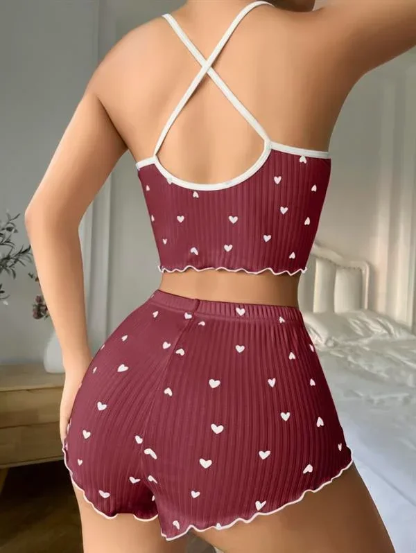 Pamuklu Kahverengi Üstüne Beyaz Kalp Desen Fitilli Askılı Şortlu Pijama Takımı görsel 3