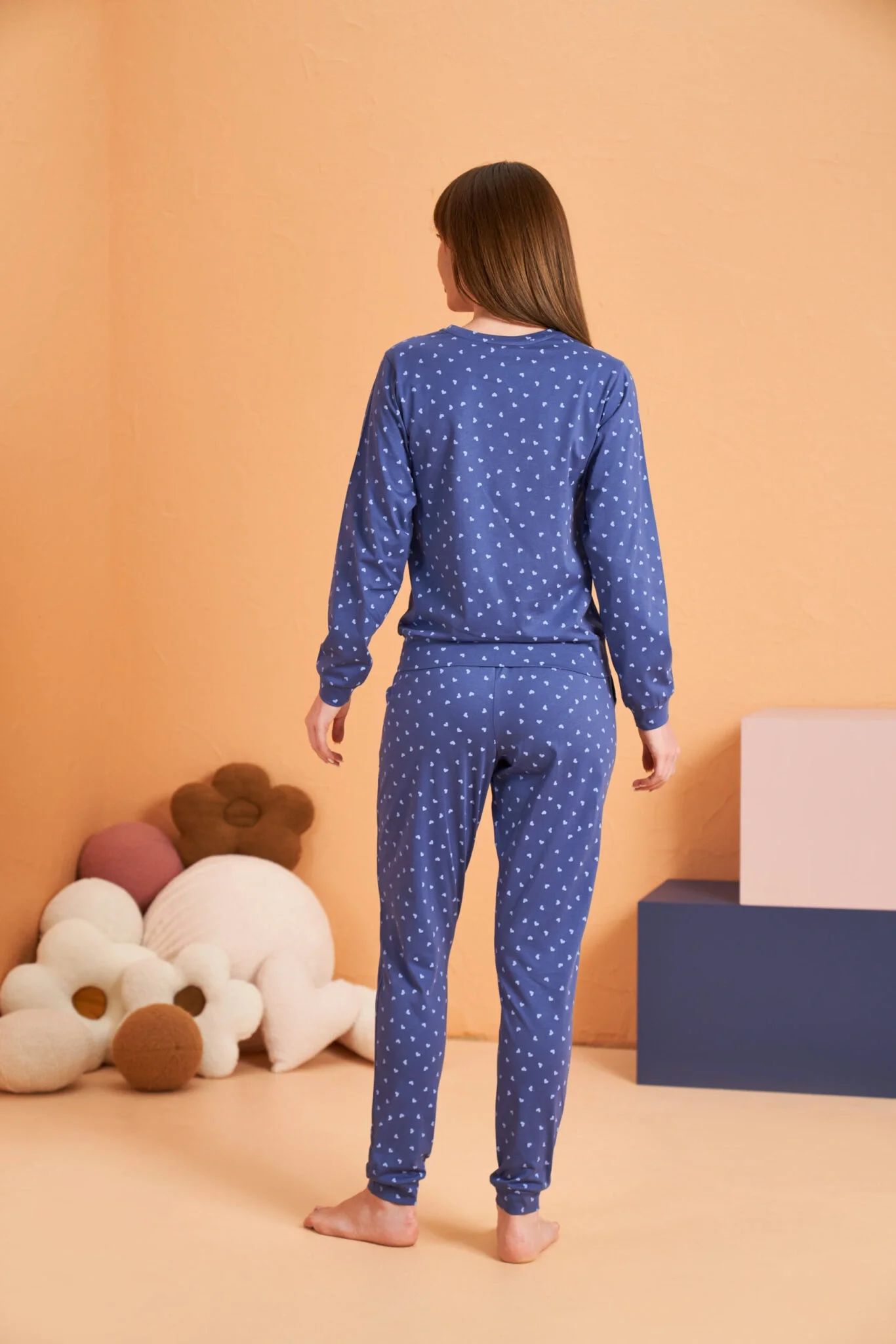 PJS 28081 Kadın Uzun Kol Yuvarlak Yaka Kalpli Pijama Takım görsel 3