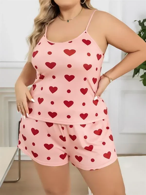 Büyük Beden Pembe Kalp Desen Pamuklu Şortlu Pijama Takımı