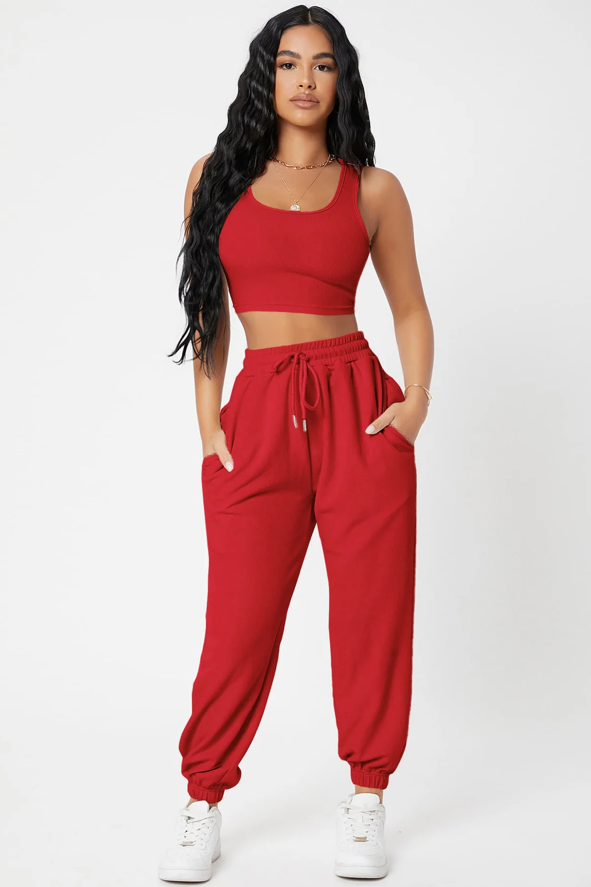 Kadın Kırmızı Kaşkorse Cepli Jogger Eşofman Altı ve Crop Top Bluz görsel 5