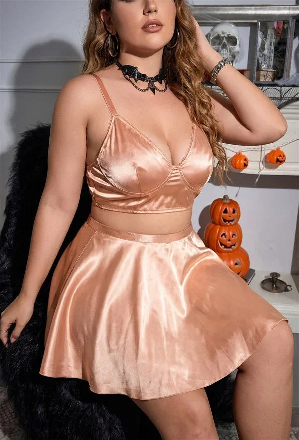 Büyük Beden Gold Deri Görünümlü Etekli Takım görsel 2