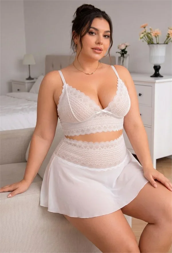 Şık Tasarım Büyük Beden Kadın Beyaz Dantelli Bralet ve Şifon Etek İkili İç Giyim Takımı görsel 3