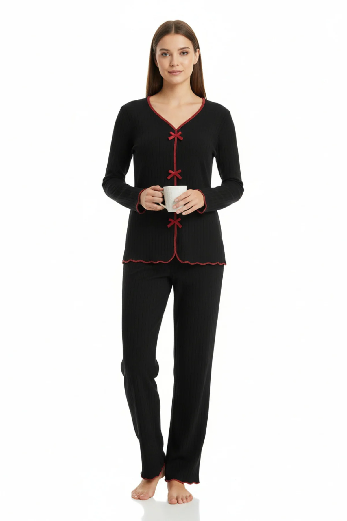 Premium Kadın 4’lü Fitilli Set – Siyah Kırmızı Biyeli (Pijama Üst, Pantolon, Bikini Takımı) görsel 2