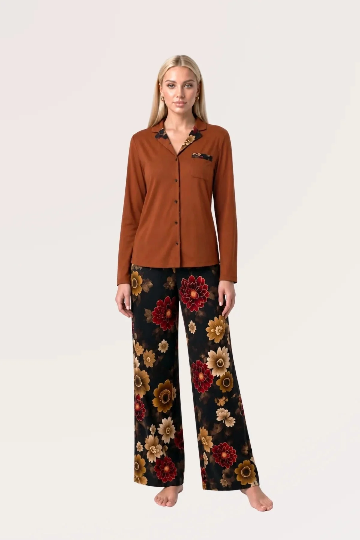 Pjs 30205 Kadın Önü Düğmeli Uzun Kol Pijama Takım görsel 2